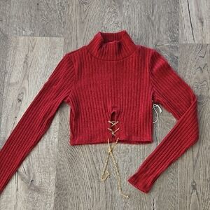 Elegant Red Ribbed Turtleneck Crop Top